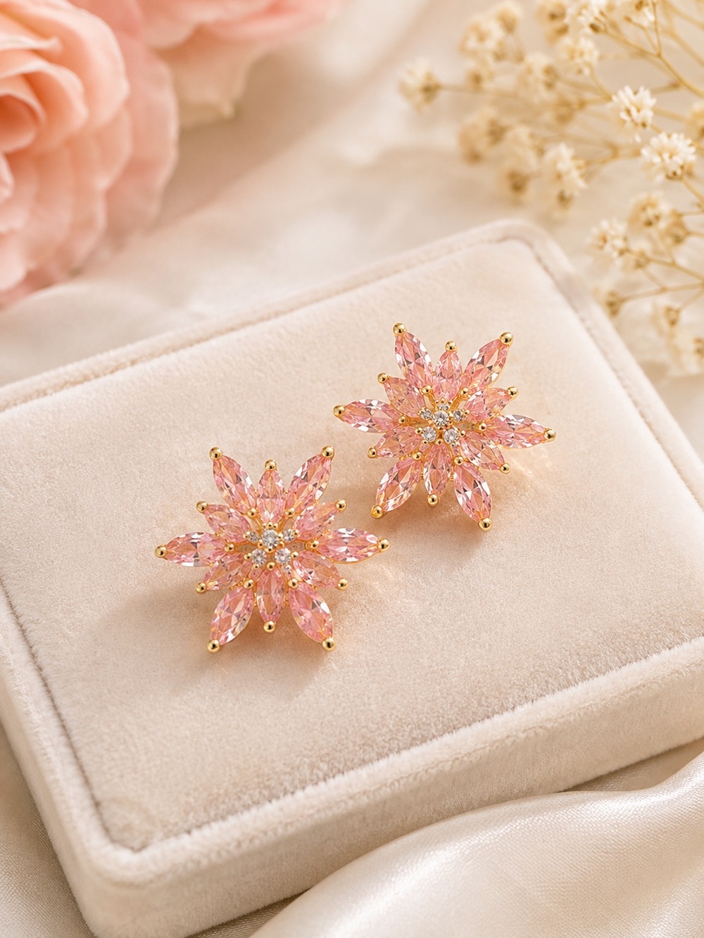 Pink Crystal Floral Statement Earrings